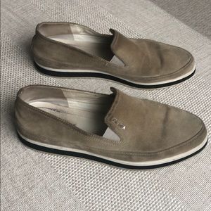 Prada Logo Suede Slip On Loafers in Beige